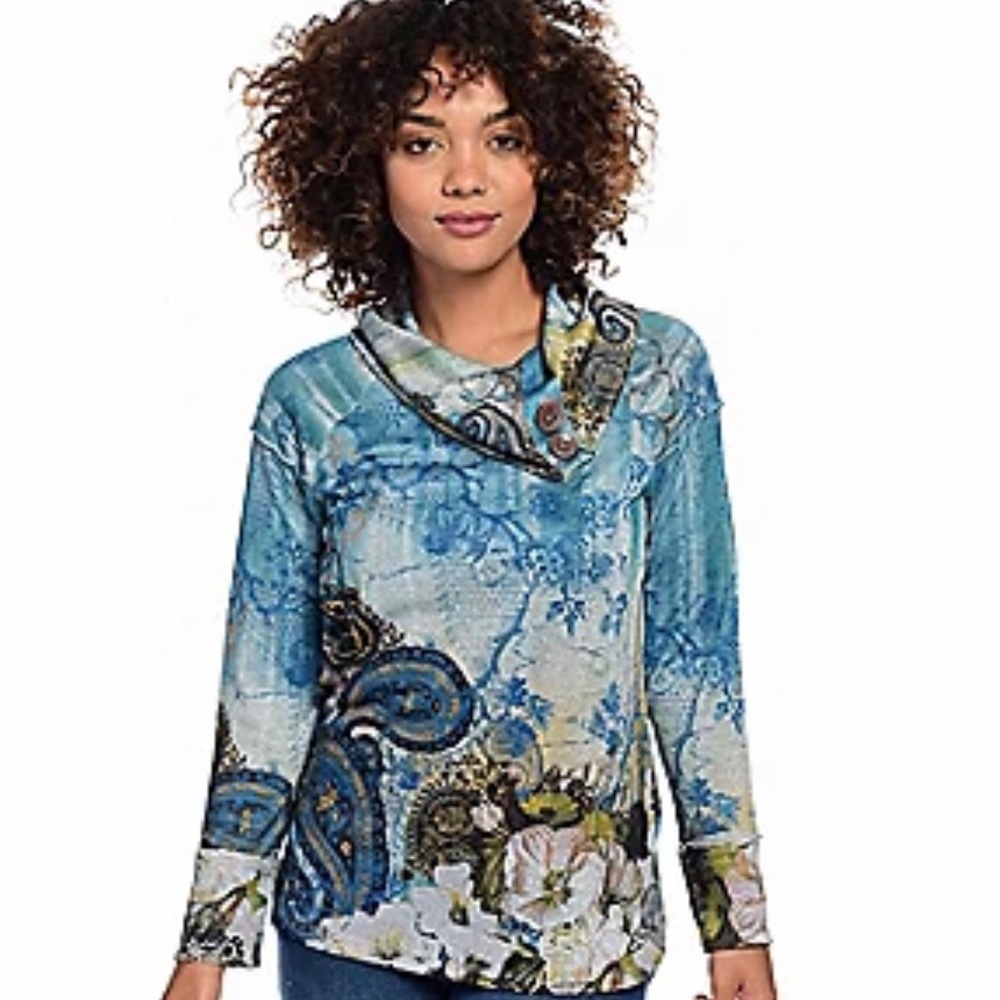 NWT One World Printed Knit L/S Detailed Cowl Neck